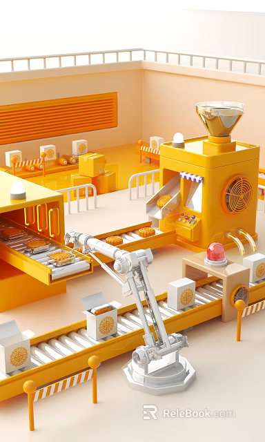 Vibrant Yellow Interactive Zone Featuring Automated Cookie Production Line Robotic Arm And Conveyor Belts 3d model 