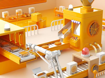 Vibrant Yellow Interactive Zone Featuring Automated Cookie Production Line Robotic Arm And Conveyor Belts 3d model