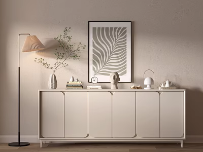 Cozy Beige Console Cabinet With Floor Lamp Vase Books And Leaf Pattern Wall Art 3d model