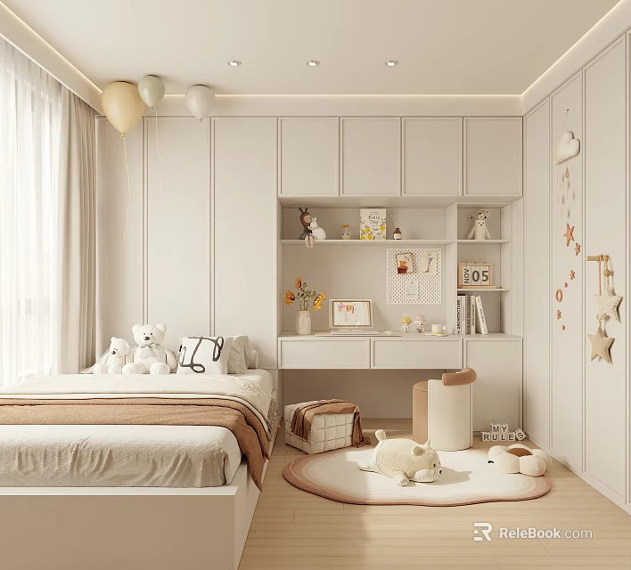 Cozy Modern Kids Room Interior Design With Bed Desk Stuffed Toys And Decorative Balloons 3d model 
