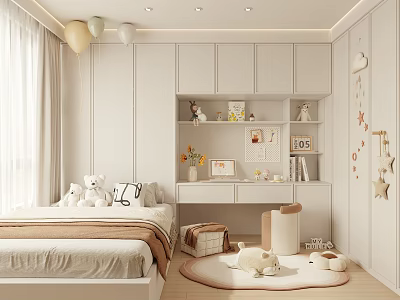 Cozy Modern Kids Room Interior Design With Bed Desk Stuffed Toys And Decorative Balloons 3d model