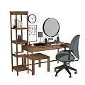 Wooden Desk with Wooden Bookshelf Wall Clock Round Mirror Table Lamp Computer and Ergonomic Chair
