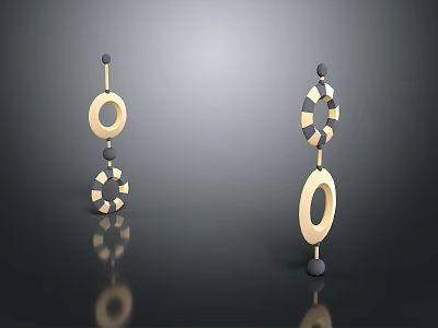 Stylish Gold And Black Circular Drop Earrings With Geometric Design 3d model