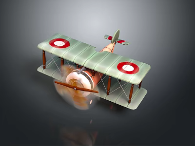Vintage Biplane With Green Wings Red Circle Emblems And Spinning Propeller On Dark Background 3d model