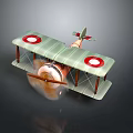 Vintage Biplane With Green Wings Red Circle Emblems And Spinning Propeller On Dark Background