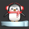 Cute Penguin Figurine Wearing Red Headphones And Red Scarf On Blue Ice Block