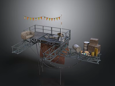 Industrial Metal Platform Structure With Railing String Flags Crates Barrels And Walkway 3d model