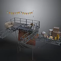 Industrial Metal Platform Structure With Railing String Flags Crates Barrels And Walkway