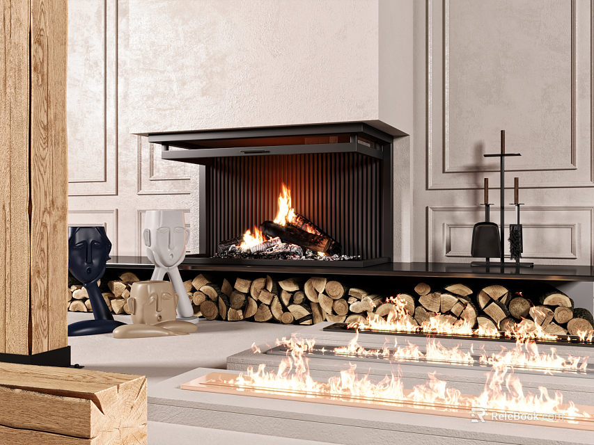 Modern Fireplace In Elegant Interior With Wood Logs 3d model 