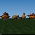 Charming Garden Ornaments Featuring Gourd Shaped Houses With Red Roofs On Green Grass