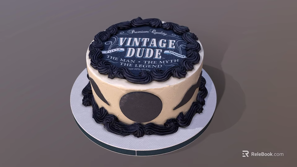 Vintage Style Round Cake With Black And Beige Cream Decoration And Text 3d model 