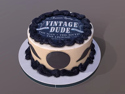 Vintage Style Round Cake With Black And Beige Cream Decoration And Text 3d model