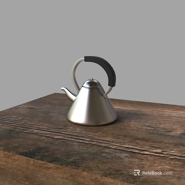 Elegant Stainless Steel Teapot With Black Handle On Rustic Wooden Table 3d model 
