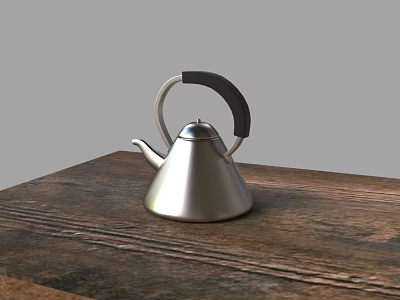Elegant Stainless Steel Teapot With Black Handle On Rustic Wooden Table 3d model