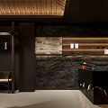 Chinese Style Restaurant Interior with Wooden Decorations Round Mirror Paintings and Tea Sets
