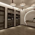 Modern Chinese Style Elevator Hallway With Wooden Lattice Green Plant And Water Feature