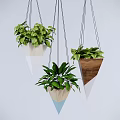 Lush Green Hanging Plants in Conical Wooden White Blue Planters for Interior Decor