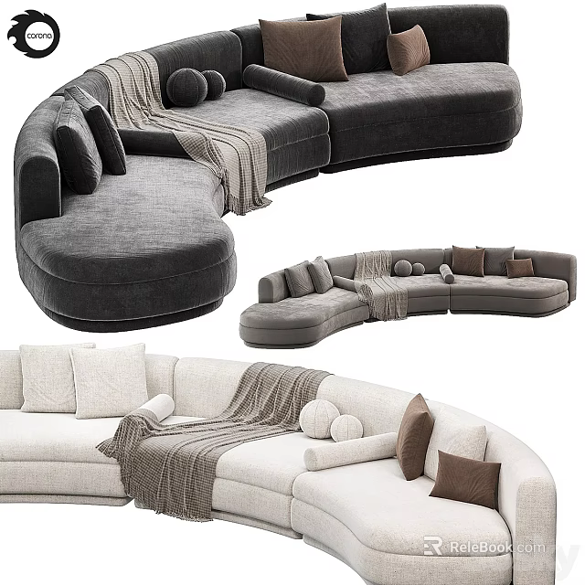 Curved Sectional Sofa With Neutral Tones Multiple Cushions And Throw Blanket 3d model