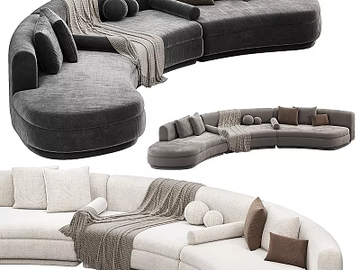 Curved Sectional Sofa With Neutral Tones Multiple Cushions And Throw Blanket 3d model
