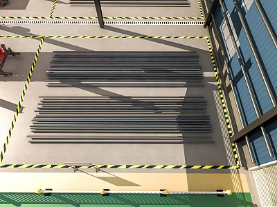 Landscape Sculpture Black Metal Strips Neatly Arranged in Warning Tape Area with Blue Building 3d model