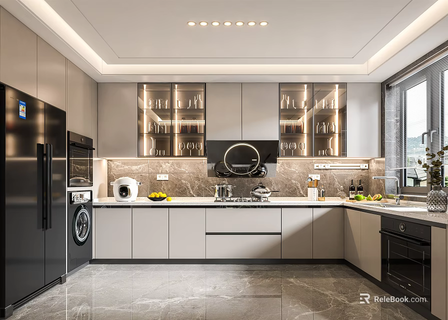 Modern Kitchen Interior With Gray Cabinets Black Appliances Marble Countertop And Glass Door Upper Cabinets 3d model 