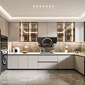 Modern Kitchen Interior With Gray Cabinets Black Appliances Marble Countertop And Glass Door Upper Cabinets