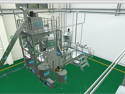 Industrial Equipment System In Factory With Metal Platform Ladders Tanks And Piping 3d model