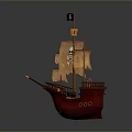 Red Hull Pirate Ship Model With Brown Sails And Black Skull Flag 3d model