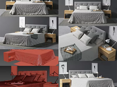 Modern Double Bed Bedroom Setup With Gray Bedding Pillows And Bedside Lamps 3d model