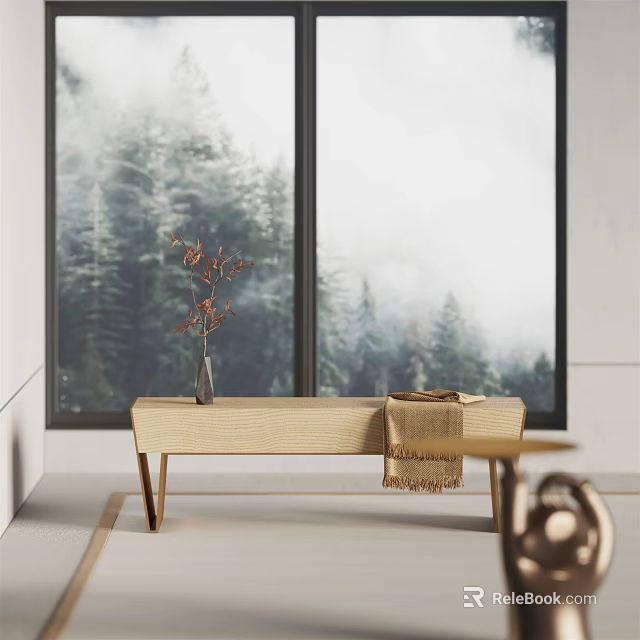 Modern Wooden Public Chair with Misty Forest View Through Large Window Vase Golden Blanket Metal Table 3d model 
