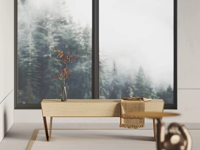 Modern Wooden Public Chair with Misty Forest View Through Large Window Vase Golden Blanket Metal Table 3d model
