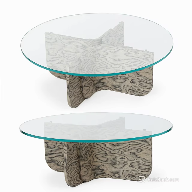 Modern Round Coffee Table With Glass Top And Textured Wooden Base 3d model 