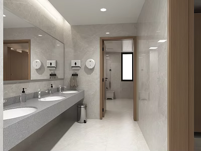 Public Restroom Interior With Double Sinks Large Mirror Light Colored Tiled Walls And Bright Lighting 3d model
