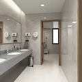 Public Restroom Interior With Double Sinks Large Mirror Light Colored Tiled Walls And Bright Lighting
