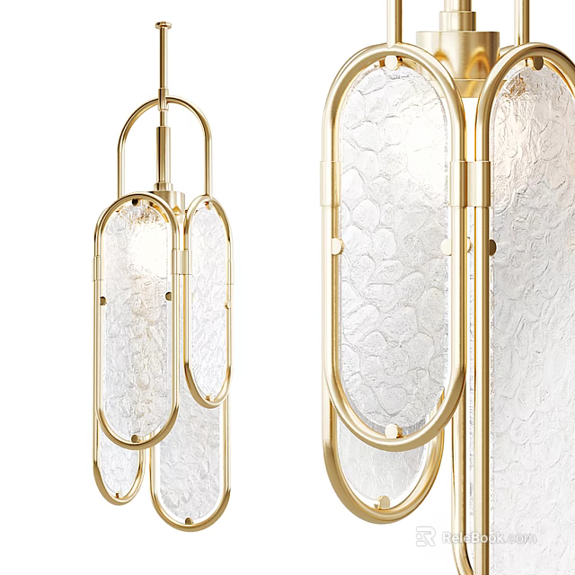 Elegant Modern Gold Metal Chandelier With Textured Glass And Oval Frame Design 3d model 