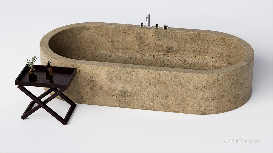 Concrete Oval Bathtub With Wooden Side Table And Decorative Items 3d model 