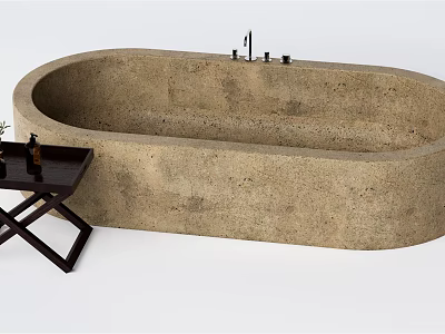 Concrete Oval Bathtub With Wooden Side Table And Decorative Items 3d model