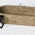 Concrete Oval Bathtub With Wooden Side Table And Decorative Items