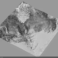 Detailed 3D Square Topographic Terrain Model Showcasing Mountain Ranges And Valleys