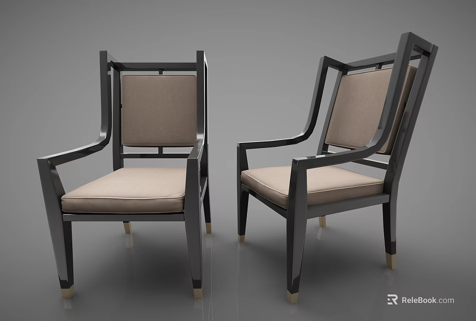Modern Leisure Chairs With Dark Frame Light Beige Upholstered Cushion And Armrests Golden Feet 3d model 