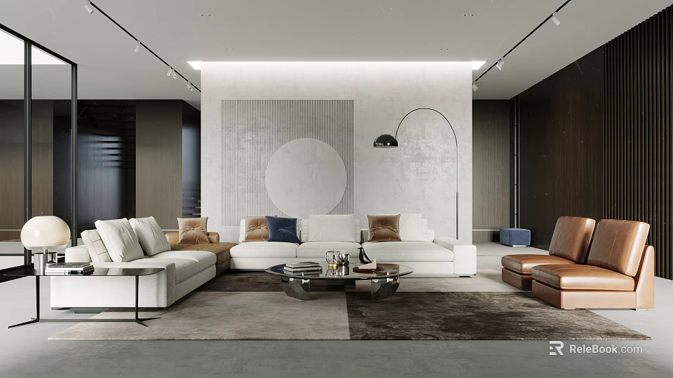 Modern L Shaped Sofa Coffee Table Set With Accent Pillows And Floor Lamp 3d model