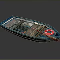 Small Wooden Boat With Blue Hull Lifebuoy Oar And Traditional Design