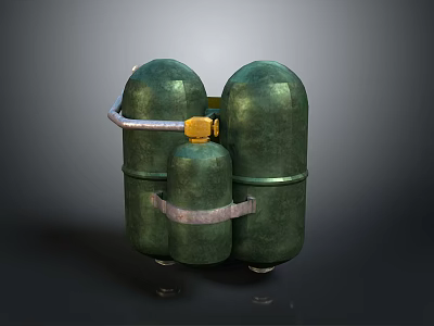 Green Industrial Gas Cylinders With Yellow Valve And Metal Straps For Storage 3d model