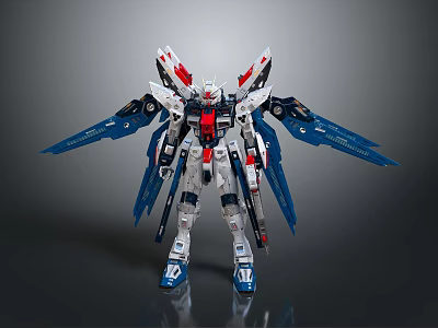 Detailed Gundam Robot Model In Standing Pose With White Red Blue Wings And Mechanical Details 3d model