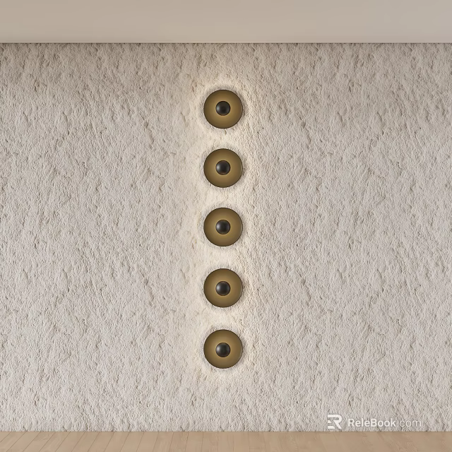 Five Golden Circular Components Arranged On Rough Light Colored Wall Surface 3d model