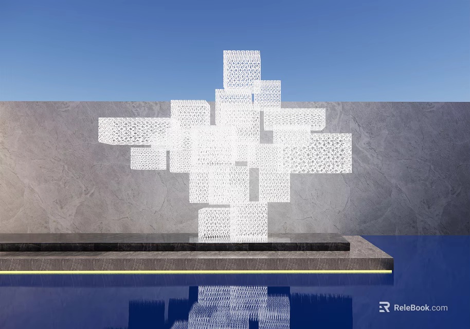 Modern White Perforated Cube Landscape Sculpture With Water Pool Reflection Gray Wall And Blue Sky 3d model 