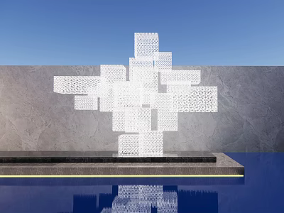 Modern White Perforated Cube Landscape Sculpture With Water Pool Reflection Gray Wall And Blue Sky 3d model