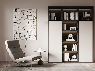 Modern Bookshelf with LED Lighting Shelves Books Decorative Items and Armchair in Living Room 3d model