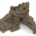 Layered Stone Architectural Structure With Circular Design Staircase Archway And Flaming Elements On Blocks 3d model