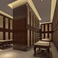 Modern SPA Sauna Interior With Beige Walls Wooden Slat Ceiling And Tiled Floor